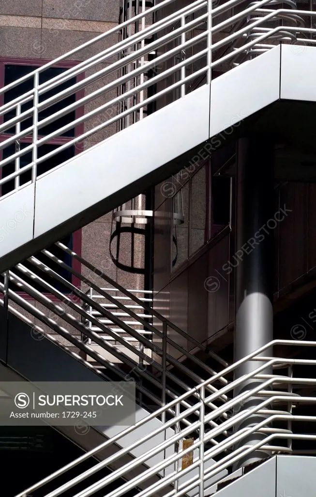 Low angle view of steel staircase outside a building, New York City, New York State, USA