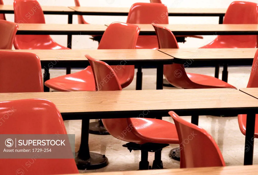 Tables and chairs in a college classroom