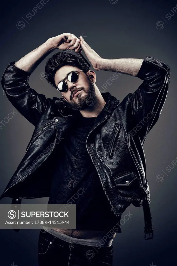 Young Hipster leather jacket, Hairdo