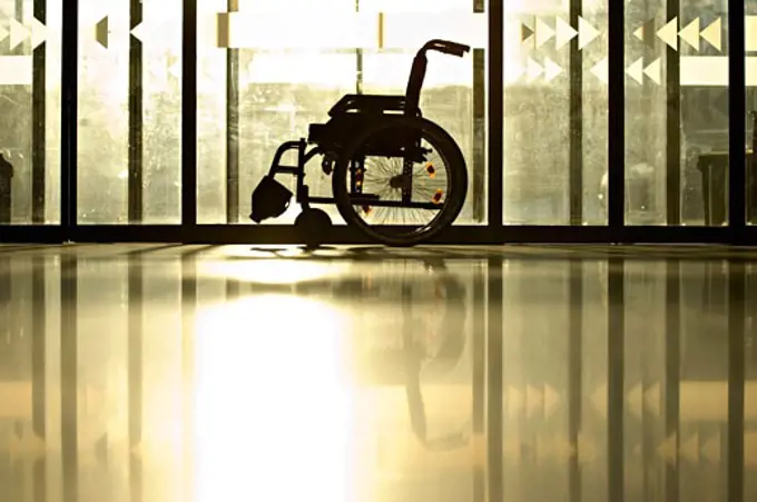 Wheelchair in a corridor of a hospital