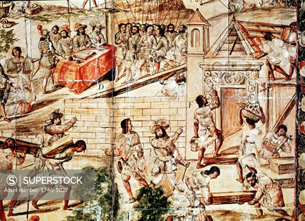 Native slaves building Mexico City on the ruins of Tenochtitlan under direction of Conquistadors. Museo de America, Madrid