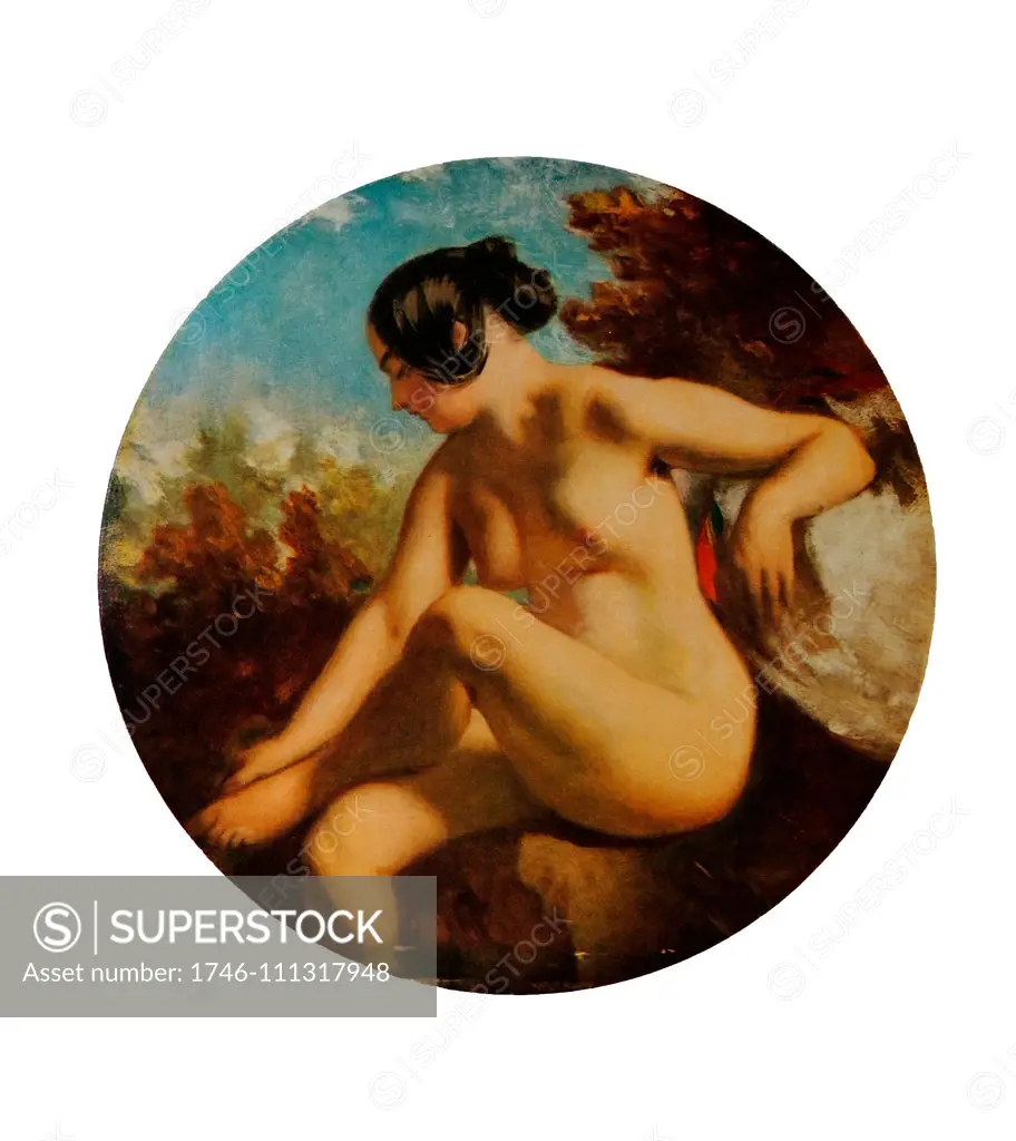 Portrait of a bather painted in circular form. The painting depicts a nude  female bathing in a lake surrounded by trees. By William Etty (1787 - 1849)  English painter, renowned for nude