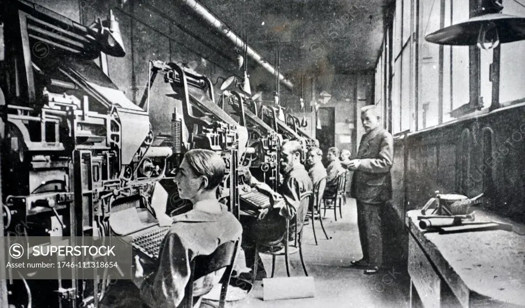 Linotype is being set to print a newspaper in Paris (typesetters and compositors are at their machines. Circa 1900-1910