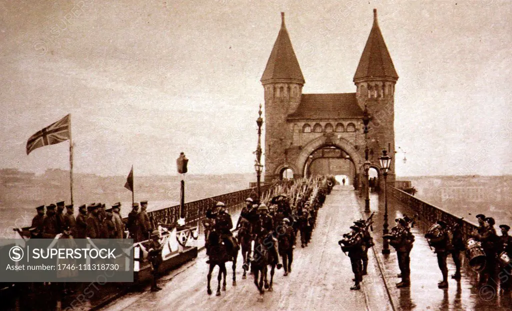 World War 1 - Grenadier Guards marching up to the Hohenzollern Bridge during their occupation of Cologne.