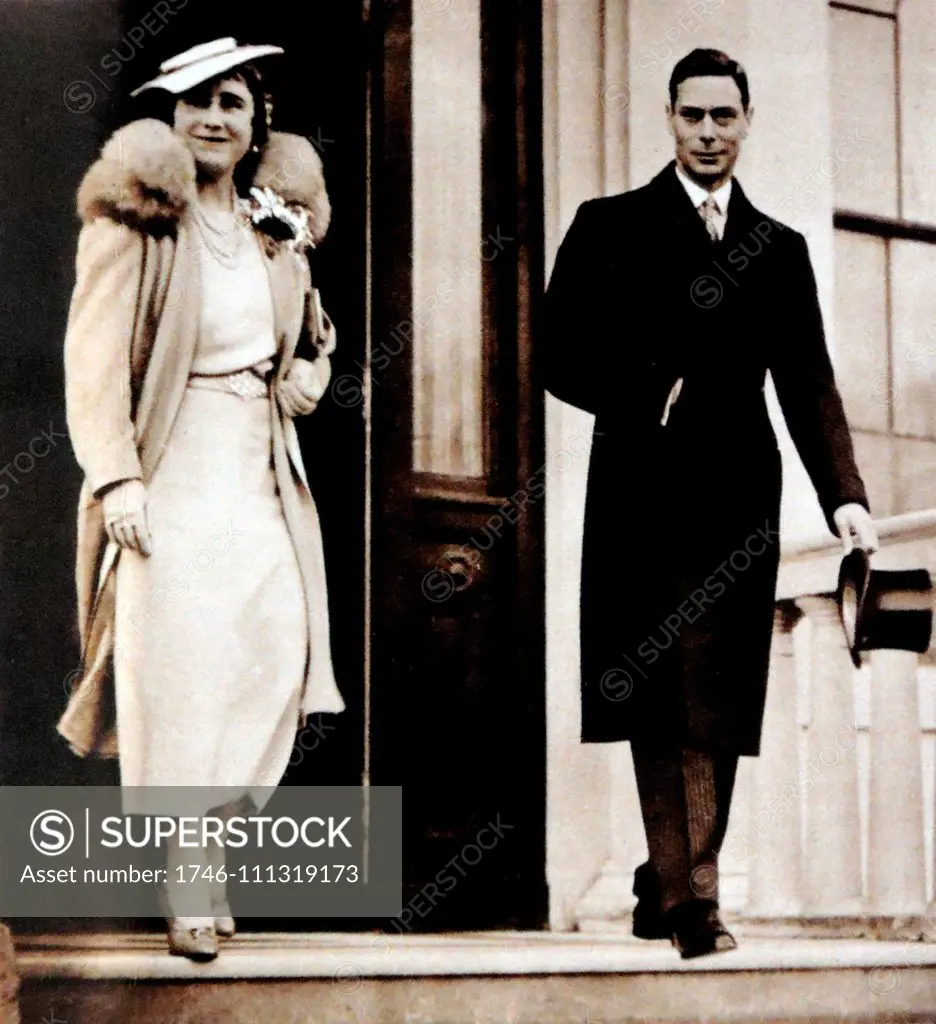 february 1937. Queen Elizabeth and King George VI leave for a family christening.