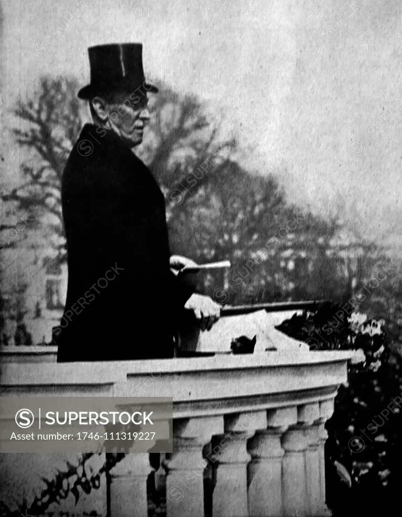 World War 1 - President Woodrow Wilson (1856-1924) a month before the March 5 1917, addresses the crowd in front of the Capitol building in Washington, the inaugural address of his second presidency.