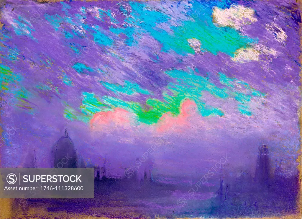 Green, blue and purple by American artist Joseph Pennell, 1857-1926. View of London in dark blue and purple light under a sky richly lighted with the late evening sunset glow. Colours, blue, green, purple, rose, orange, white, black, grey, and violet on brown paper. Dated between 1880 and 1926