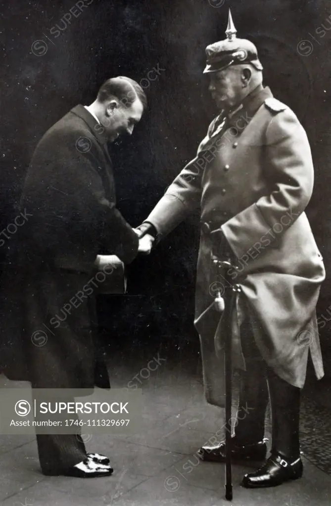 President Paul Von Hindenburg with Chancellor Adolf Hitler in 1933. Hindenburg (1847 - 2 August 1934) was a Prussian-German field marshal, statesman, and politician, and served as the second President of Germany from 1925 to 1934.