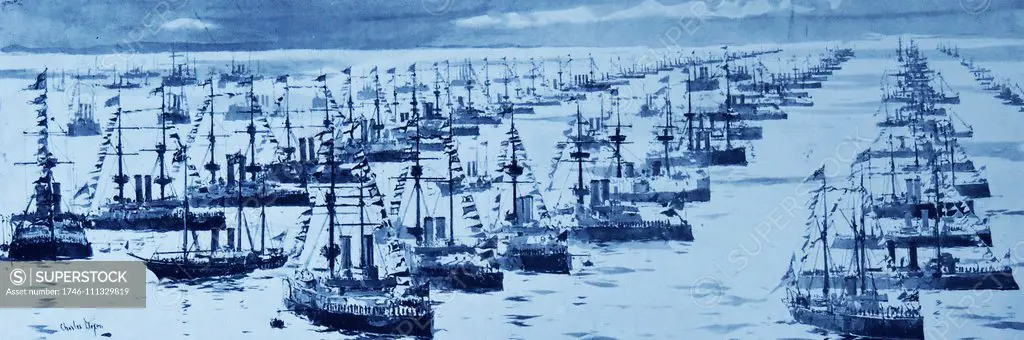 Illustration depicting ships of the British Navy anchored off of Spithead. Spithead is an aread of the Solent in Hampshire, England. The Fleet Review, a British tradition where the Monarch reviews the massed Royal Navy, usually takes place in Spithead. Dated 1897