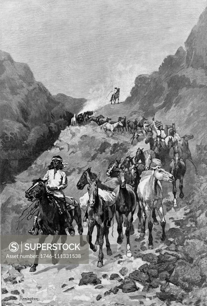 Illustration by Frederick Remington of Geronimo and his band returning from a raid into Mexico. Dated 1888