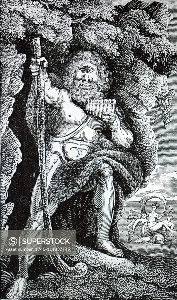 Engraving depicting Polyphemus the giant son of Poseidon and Thoosa in Greek mythology, and one of the Cyclopes described in Homer's Odyssey. Dated 18th century