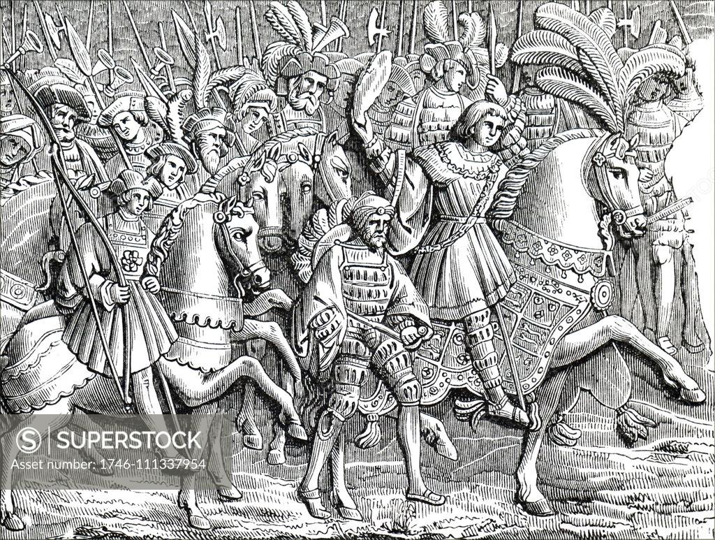 Engraving depicting Henry VIII of England and his retinue at the Field ...