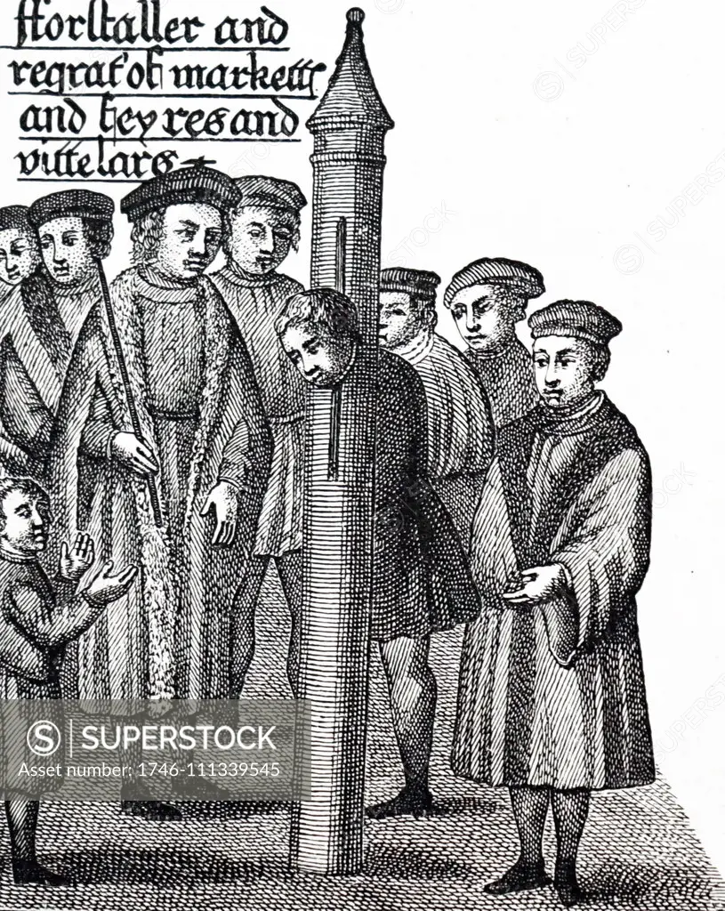 Woodcut print depicting punishment by the stocks. Dated 16th Century