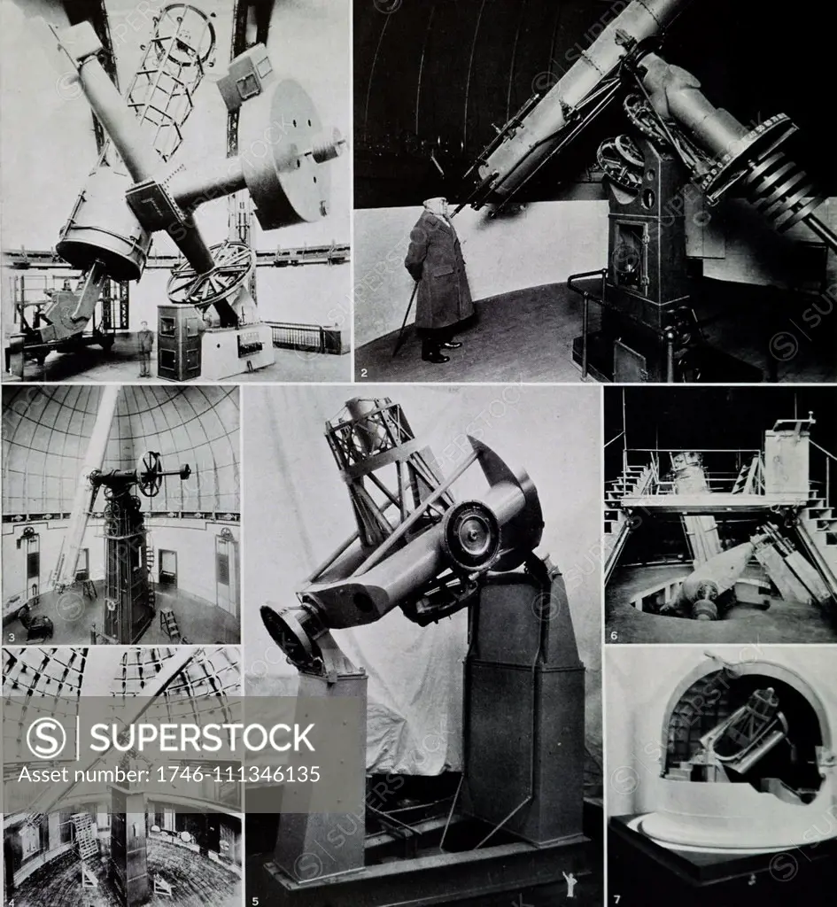 Reflecting telescopes: 1. Dominion Astrophysical Observatory, Victoria, B.C. Reflecting telescope with 72-in. mirror.2. Equatorial telescope at Columbia university. (The rising floor is about one-third of the way from the top.)3. U.S. Naval Observatory, Washington. 26-in. Equatorial with which the satellites of Mars were discovered in 18774 & 6. The Lick Observatory: 36-in. refractor with spectrograph attached and (6) the Crossley reflector, showing moving observing platform5. A l/10th scale mod