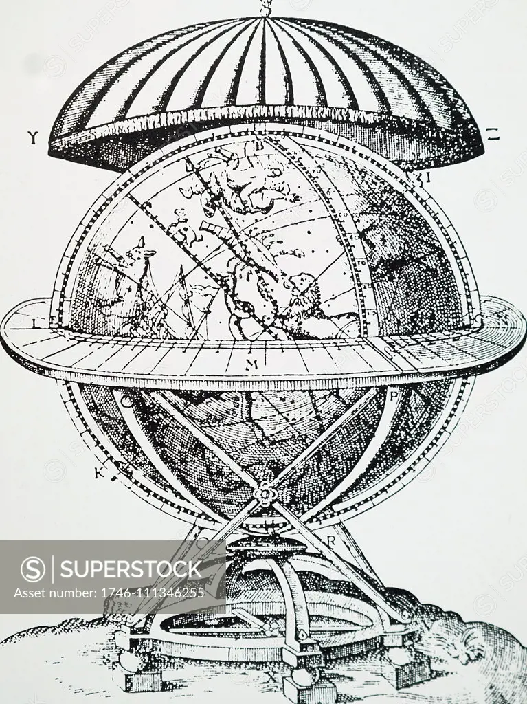 Engraving depicting Tycho Brahe's celestial globe on which he plotted the positions of the stars he observed. Tycho Brahe (1546-1601) a Danish nobleman and astronomer. Dated 17th Century