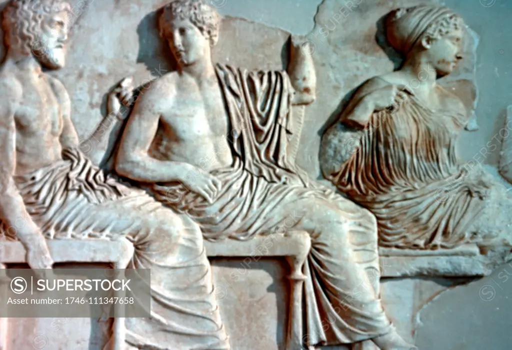 Poseidon, Apollo, and Artemis. Parthenon frieze. Ca. 445 BC. Marble ...