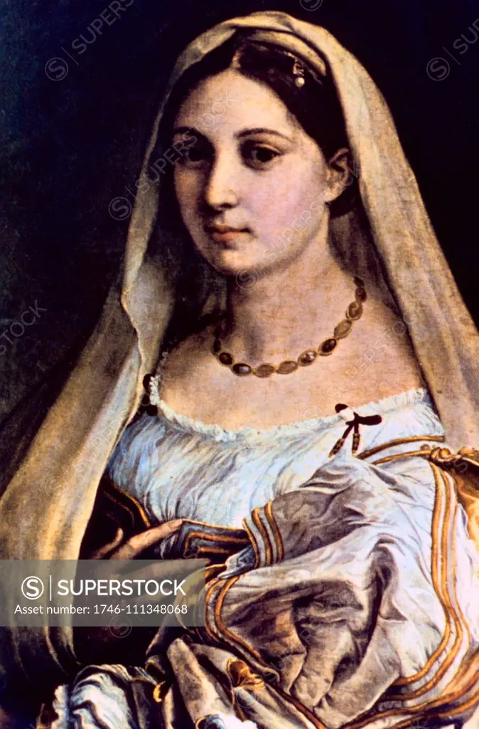 La Donna Velata (c. 1516). By Raffaello Sanzio da Urbino (1483-1520), known as Raphael, an Italian painter and architect of the High Renaissance. This was the fourth fresco in the hall of the Signatures (Vatican Palace, Rome), painted between 1509 and 1510. La Velata, or La donna Velata ('The woman with the veil'), is one of the most famous portraits by the Italian Renaissance painter Raphael. The subject of the painting is identified as the fornarina (bakeress) Margherita Luti, Raphael's Roman 