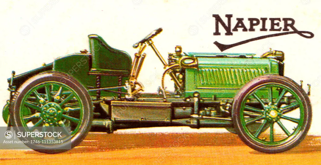 1902. NAPIER 35 H.P. GORDON BENNETT RACINC CAR, 6.4 LITRES. In the early years of the century the Napier was the premier British make, and produced the first successful 6 cylinder car engine in 1903. Brooke Bond Tea collector card.