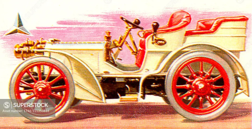 First Mercedes car built by Daimler designed by Wilhelm Maybach, 1901. Emil Jellinek, an Austrian automobile entrepreneur who worked with DMG, created the trademark in 1902, naming the 1901 Mercedes 35 hp after his daughter Mercedes Jellinek. Brooke Bond Tea collector card.