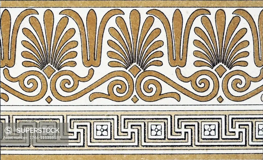 Anthemion ornament with Greek Fret (meander) from a pottery fragment dated from the 4th century BC. Dated 19th century