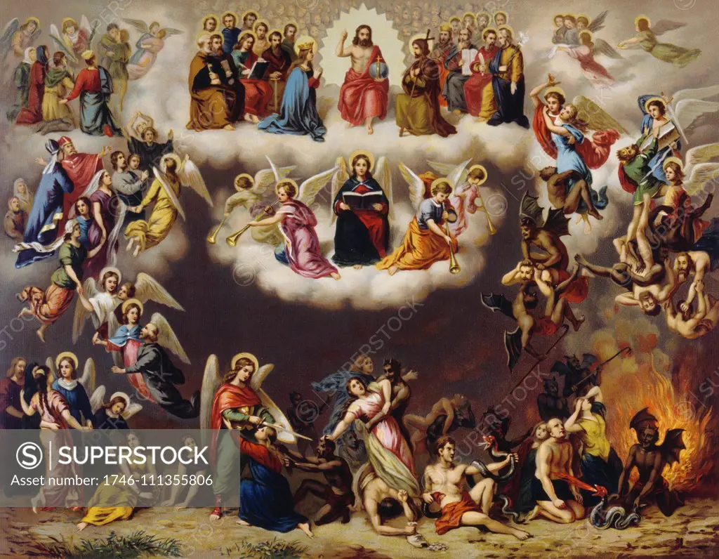 Chromolithograph depicting the Last Judgement 1900. It represents the Christian perception of the final and eternal judgment by God of the people in every nation1 resulting in the glorification of some and the punishment of others.