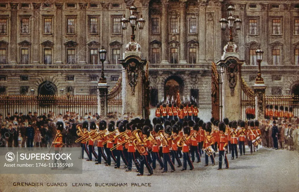 English postcard depicting the traditional changing of the guard ceremony, at Buckingham Palace, London 1900