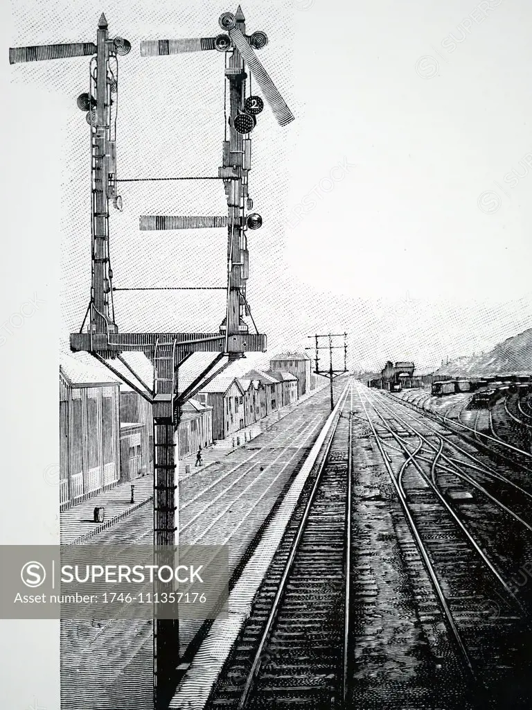 Illustration depicting a Semaphore Signal on an American railroad. One arm governs several tracks, the number of the track which is clearly shown on the indicator disk. The safety position was with the blade at 60 degrees in the lower quadrant. Dated 19th century