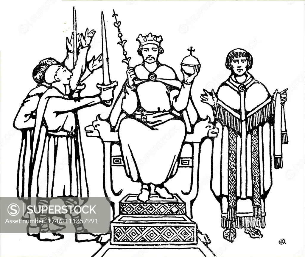 Engraving depicting the coronation of King Harold Godwinson. Harold Godwinson (1022-1066) the last Anglo-Saxon King of England. Dated 11th century