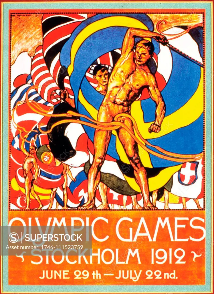 Colour poster advertising the Stockholm Olympic Games. Dated 1912