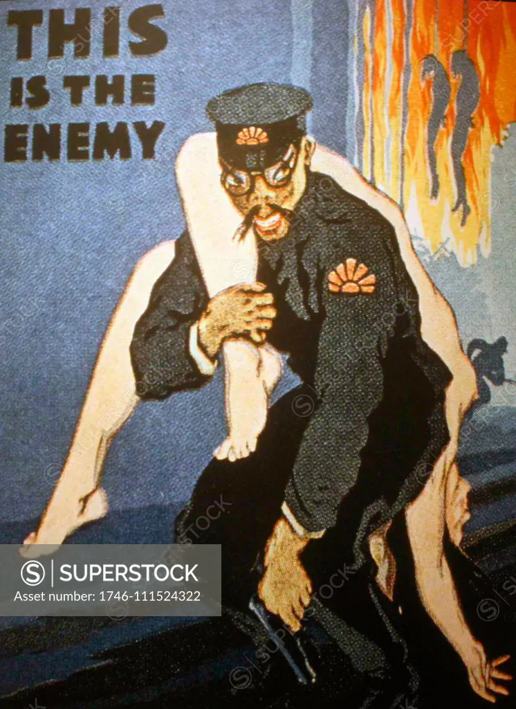 American anti-Japanese propaganda poster. Drawing on Japanese samurai traditions, American propagandists portrayed the Japanese as blindly fanatic and ruthless, with a history of desiring overseas conquests. Japanese propaganda often called for the Japanese people to become 'one hundred million hearts beating as one'which Allied propagandists used to portray the Japanese as a mindless, unified mass. Atrocities were ascribed to the Japanese people as a whole.