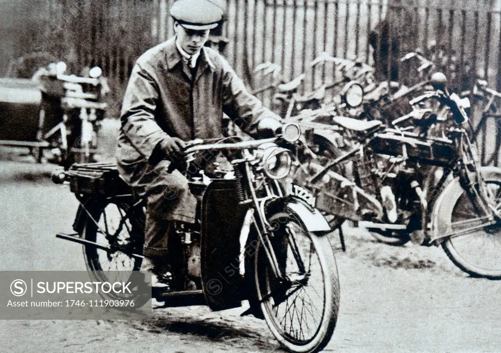 Prince Albert, later King George VI is shown riding his motorcycle, he used it to commute to College daily.