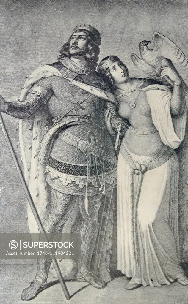 Engraving of Siegfried and Kriemhild. Based on the Song of the Nibelungs, based on the story of the dragon-slayer Siegfried at the court of the Burgundians, how he was murdered, and of his wife Kriemhild's revenge. Dated 1914