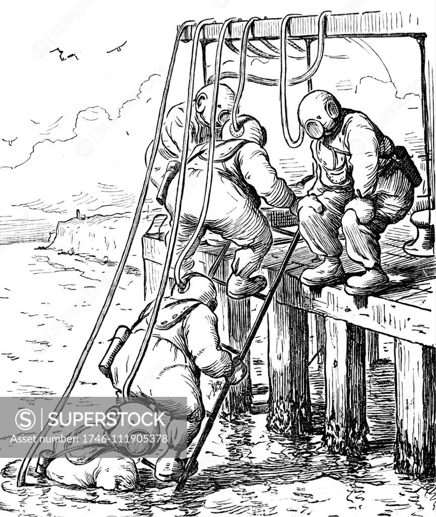 Cartoon of early atmospheric diving suit. Dated 19th Century - SuperStock