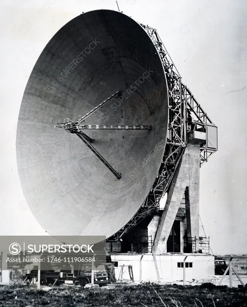 Photograph of the dish antenna used in the communications experiments with the Telstar Satellite located at Goonhilly Downs, England