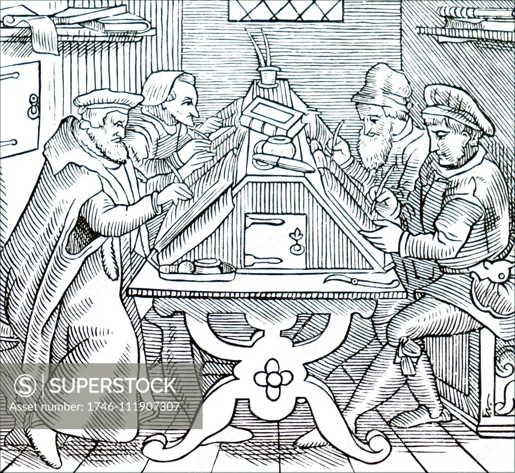 Woodblock print depicting historiographers. Dated 16th century