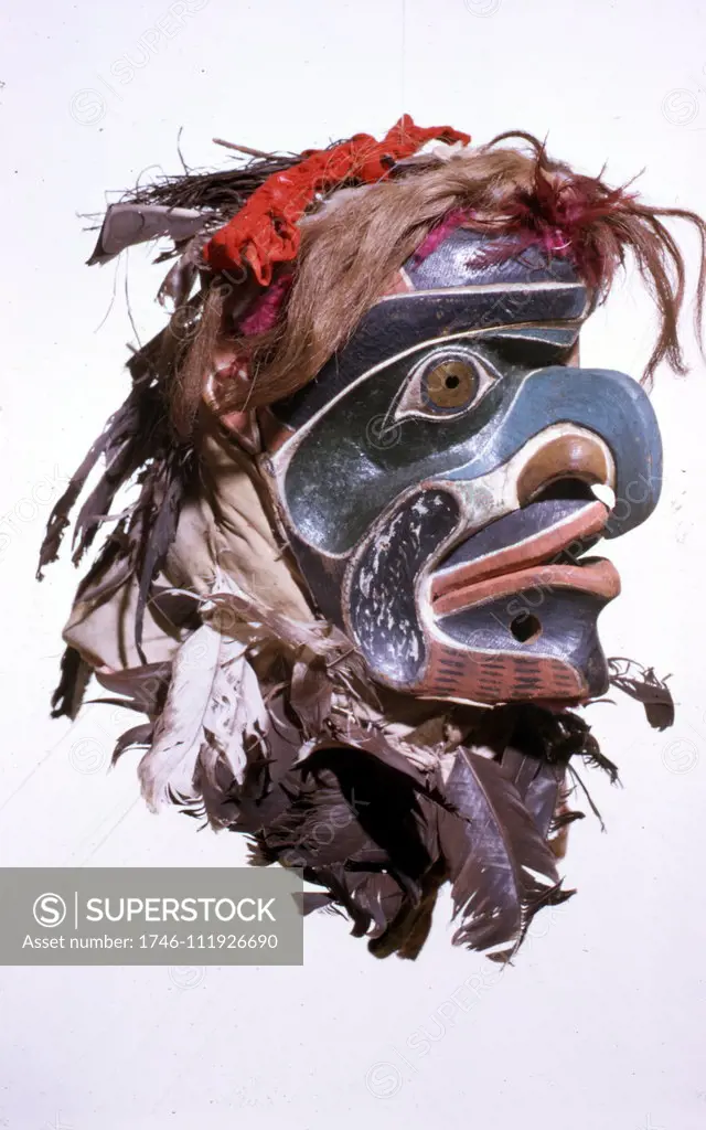 Native Indian wooden mask. decorated, Eskimo, (Inuit). Canada 1870