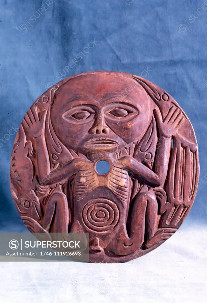 Native Indian wooden shield. decorated, Eskimo, (Inuit). Canada 1884