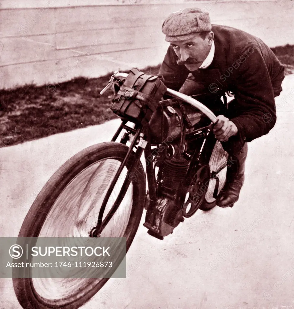 Henri Cissac and his Peugeot motocyclette (1905). Henri Cissac, (1877 - 1908); French motorcycle speed rider who became a racing driver, having spent his entire career with the French car manufacturer Peugeot. he won a French championship, and especially the Tour de France specialty category, in May 1905