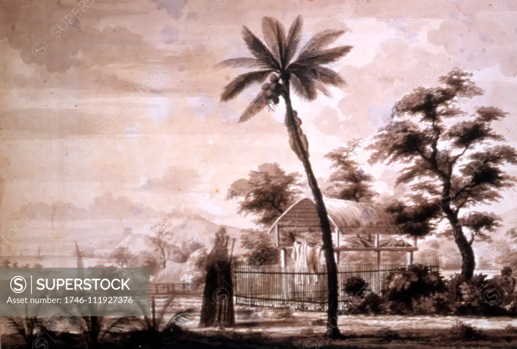 House of the DEAD, Tahiti by Sydney Parkinson (c. 1745 - 1771), a Scottish botanical illustrator and natural history artist. He was the first European artist to visit Australia, New Zealand and Tahiti. Parkinson was employed by Joseph Banks to travel with him on James Cook's first voyage to the Pacific in 1768, in HMS Endeavour.