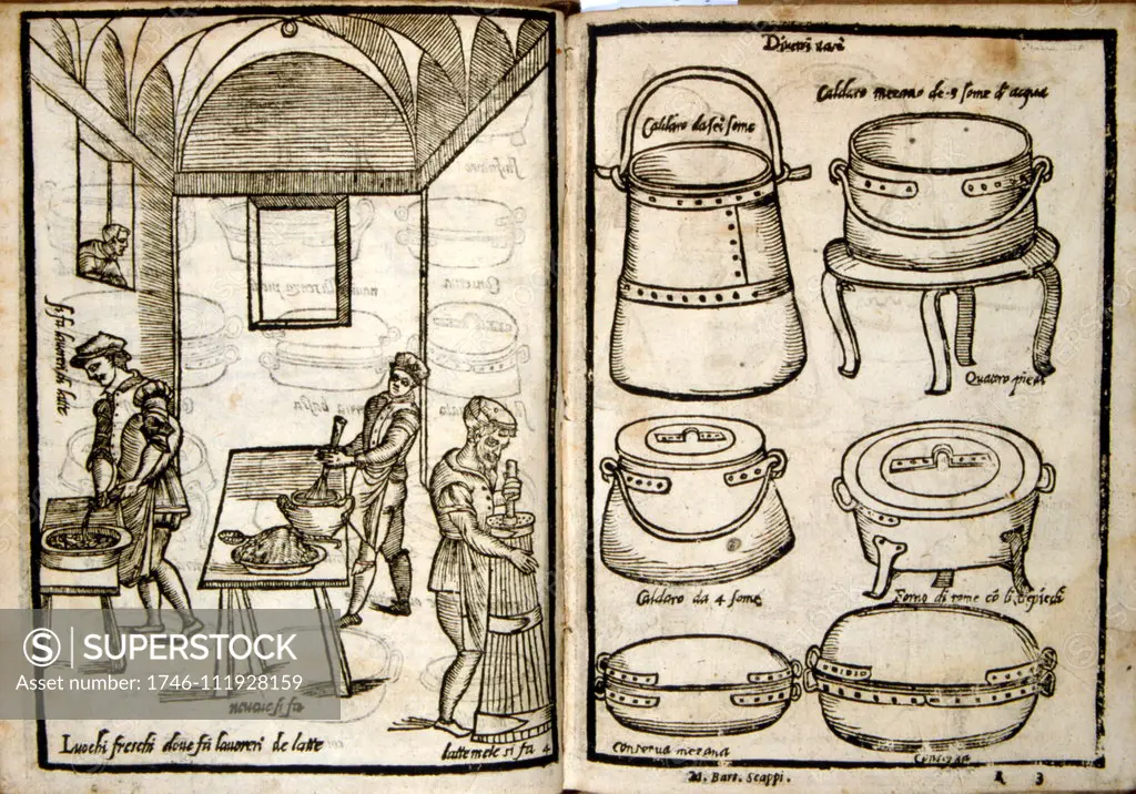 Woodcut illustrations of a renaissance kitchen and equipment. From 'Opera dell'arte del cucinare' by Bartolomeo Scappi (c. 1500 - 1577), an important Italian Renaissance chef. He acquired fame in 1570 when his monumental cookbook Opera dell'arte del cucinare, was published. In the book he lists approximately 1000 recipes of the Renaissance cuisine and describes cooking techniques and tools