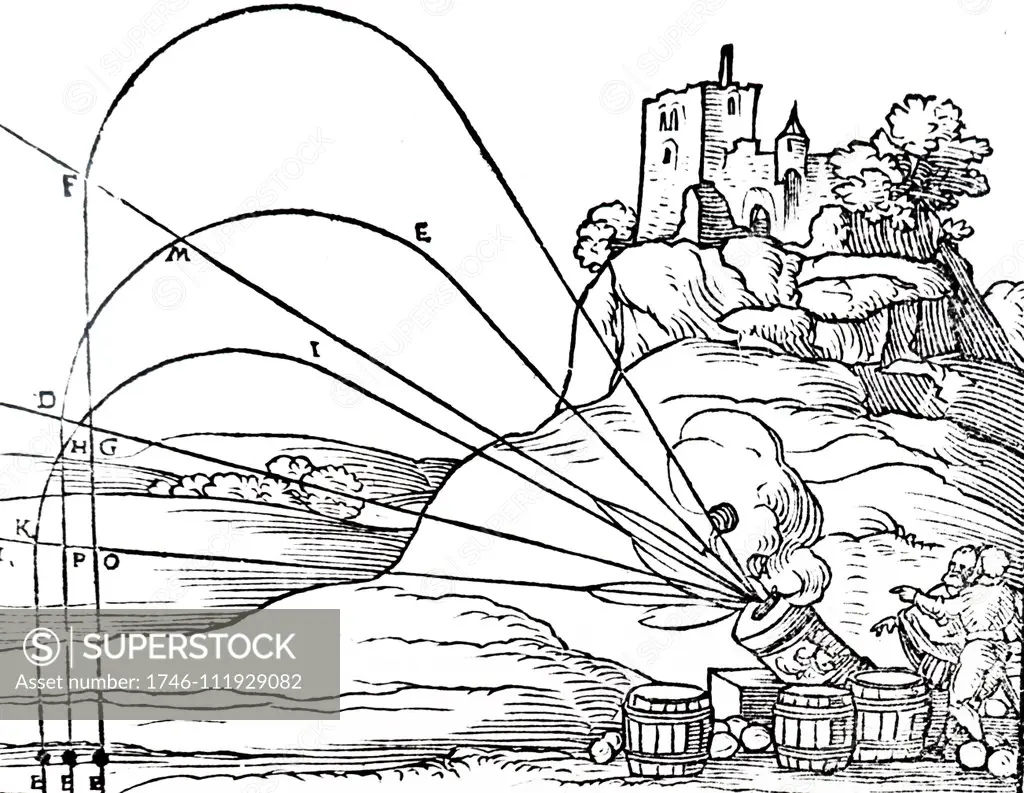 Engraving depicting the path of a projectile shown as a circular arc, rather than a parabolic arc as was later proved to be the case by Galileo. Galileo Galilei (1564-1642) an Italian polymath. Dated 16th century