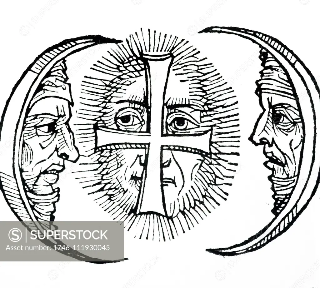 Illustration showing Sun dog phenomenon depicted in the Nuremberg Chronicle. 1493. This version was associated with the death of Julius Caesar in 44 BC. A sun dog (or sundog) or mock sun, formally called a parhelion, (plural Parhelia) in meteorology, is an atmospheric optical phenomenon that consists of a bright spot to the left or right of the Sun. Aristotle notes that "two mock suns rose with the sun and followed it all through the day until sunset."