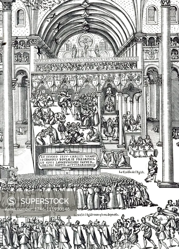 A woodcut depicting the exorcism of Nicole Aubry, Notre Dame de Laon, 1556. 29 demons supposedly possessed Nicole (to be seen as black specks flying near the roof of the Cathedral), and the exorcism took nine days, creating much public interest in the process. Dated 16th century