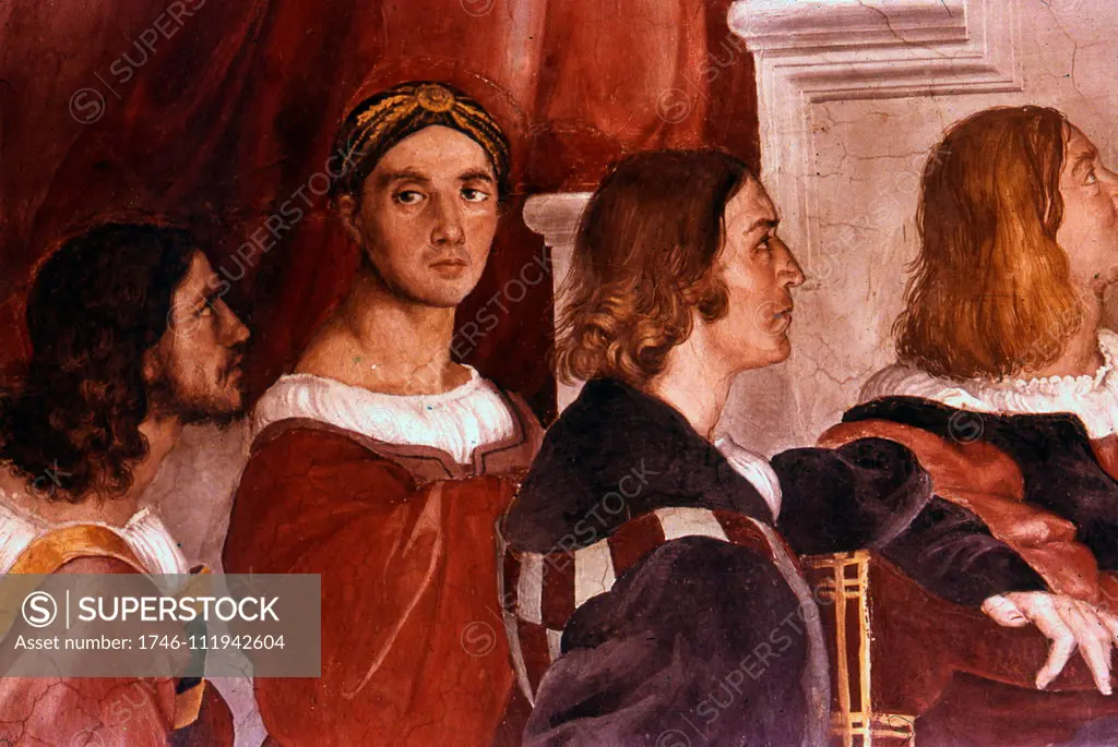 Detail showing Raphael (centre facing) from the Mass at Bolsena. 1514; Fresco by Raphael (1483-1520):Raffaello Sanzio. The Mass at Bolsena is a painting by the Italian renaissance artist Raphael. It was painted between 1512 and 1514 as part of Raphael's commission to decorate with frescoes the rooms that are now known as the Raphael Rooms, in the Apostolic Palace in the Vatican. The Mass at Bolsena depicts an Eucharistic miracle that is said to have taken place in 1263 at the church of Santa Cri