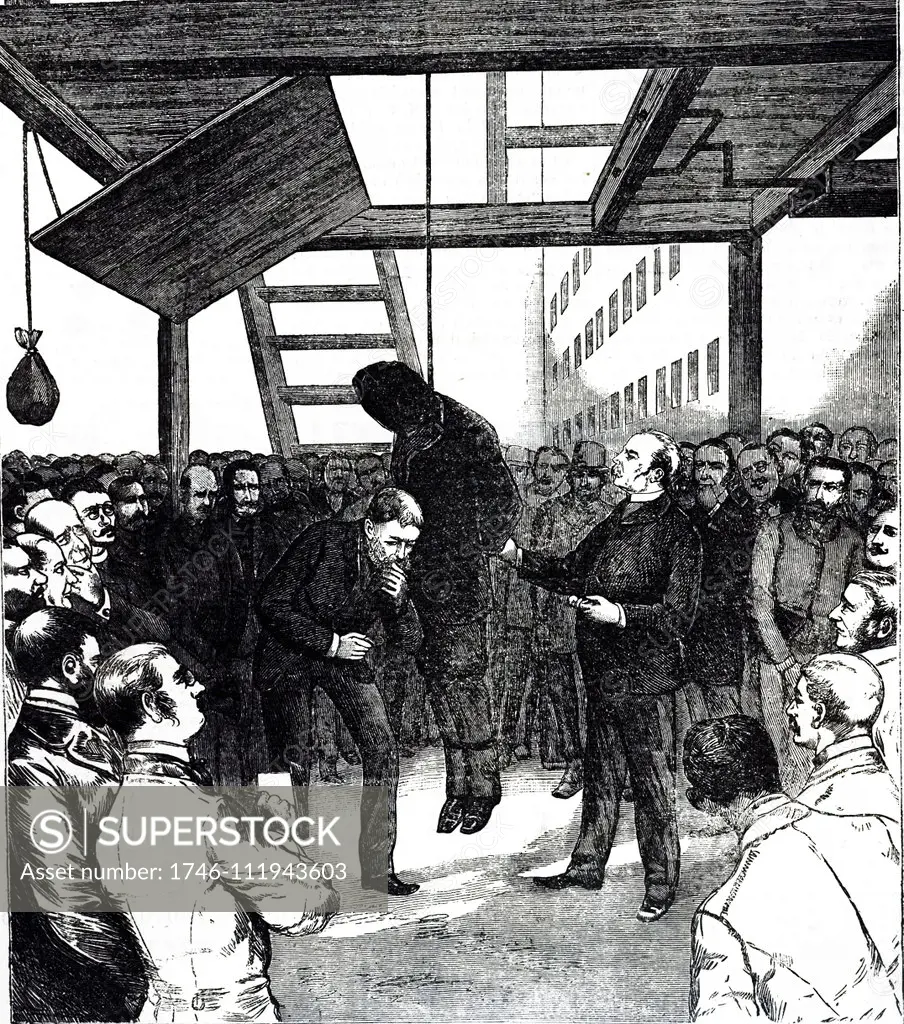 An engraving depicting the execution of Charles J. Guiteau (1841-1882) an American writer and lawyer convicted of the assassination of James A. Garfield, the 20th president of the United States. Dated 19th century