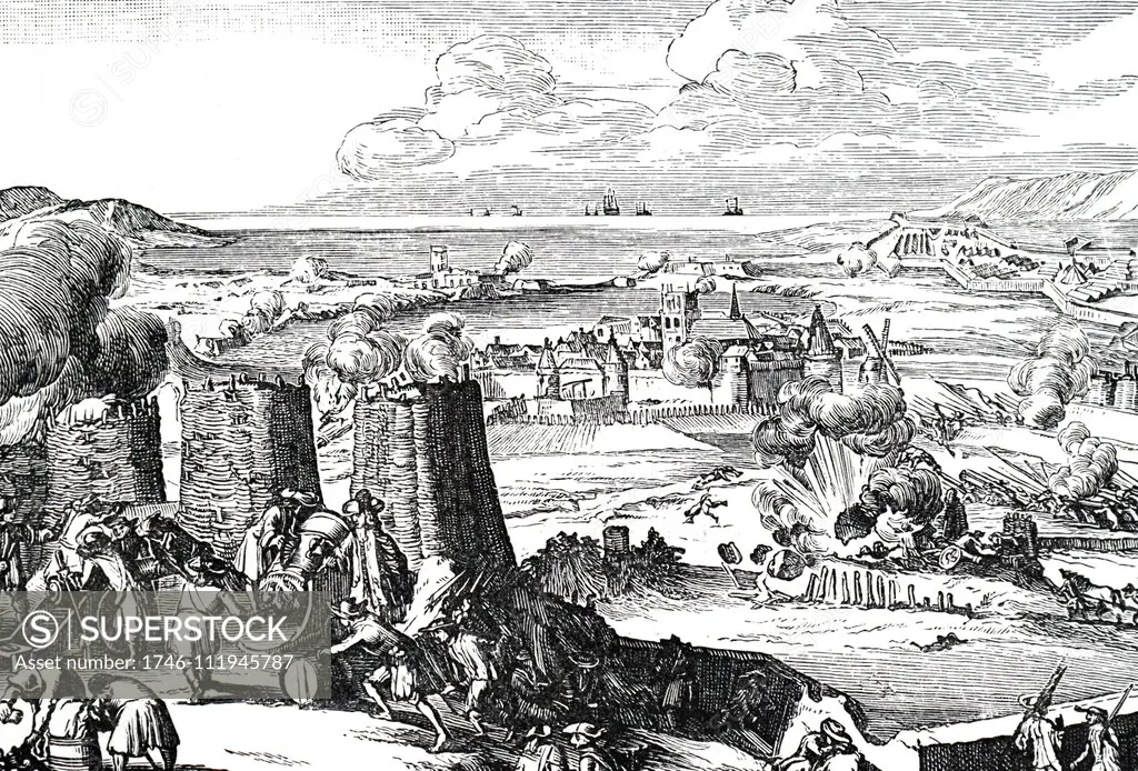 A woodcut engraving depicting a scene from the Siege of Derry, the first significant event in the Williamite War in Ireland. The Protestant population was under siege for 105 days and were desperately short of supplies when, on the 18th July 1692, an English ship managed to break the boom across the river and bring relief. The siege was a disastrous defeat for King James II's forces under Hamilton. Dated 17th century