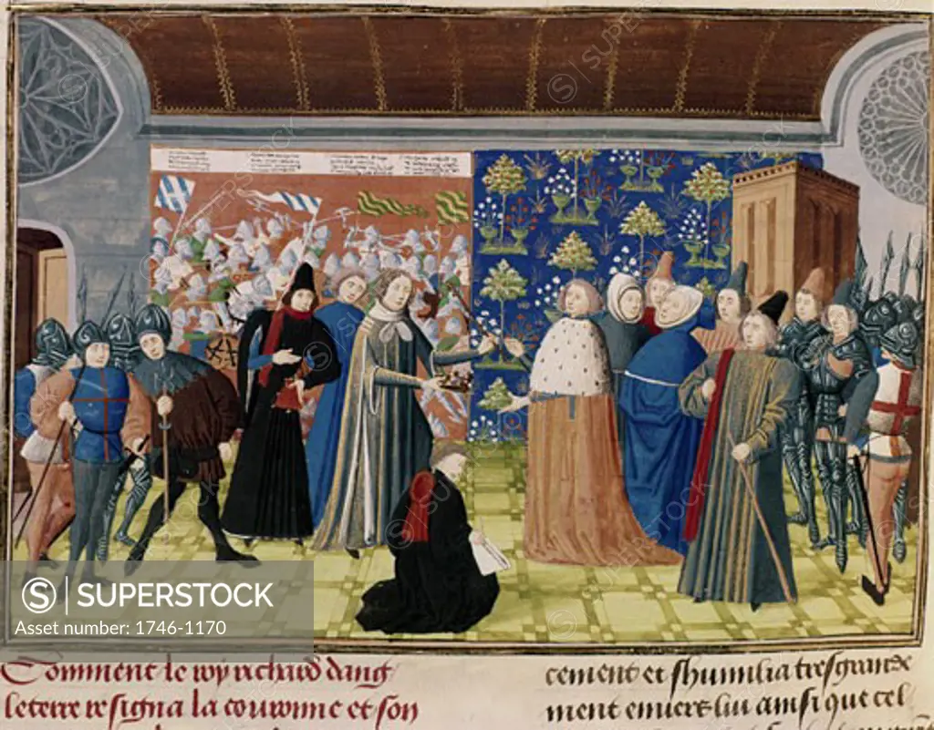 Froissart Chronicles (c.1333-c.1404). Richard II (1367-1400) King of England from 1377, surrendering the crown to Lord Derby, 29 December 1399. Richard died, probably murdered, in Pontefract Castle early in 1400. Manuscript, British. Museum, London