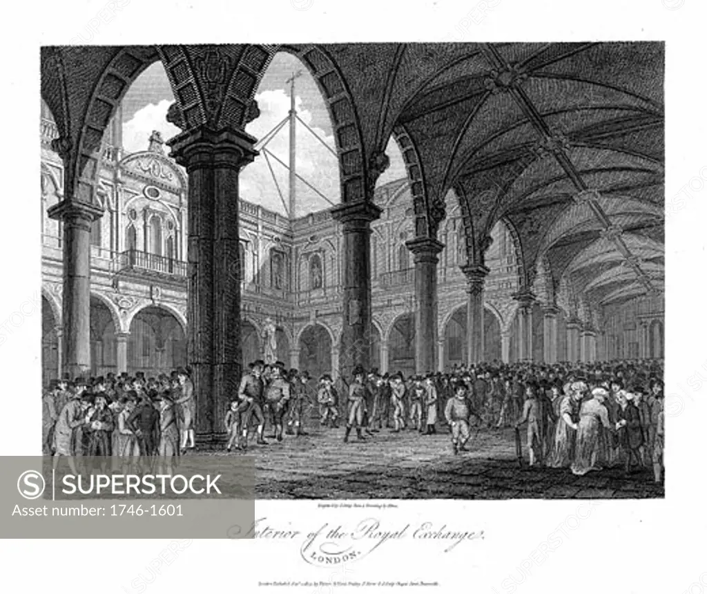 Royal Exchange London, late 18th century, This was the second Royal Exchange built after Gresham's original building destroyed in Fire of London, 1666, Copperplate engraving