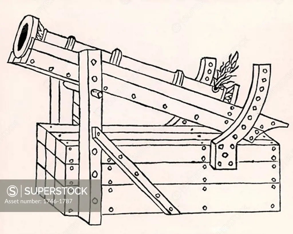 Cannon formed of iron staves hooped together and mounted on a primitive gun carriage. The elevation of the gun could be moving the rod on the front pillar into a different slot.    From "De re militari" by Roberto Valturio (Verona, 1472).  Woodcut. 