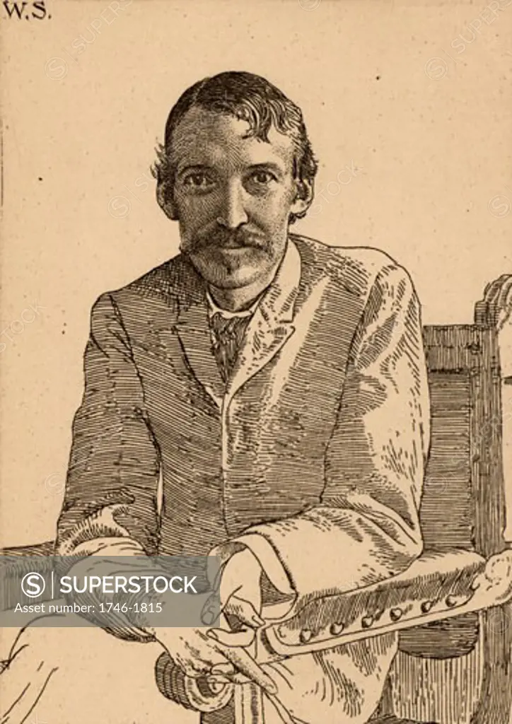 Robert Louis Stevenson (1850-1894) Scottish author Etching by William Strang (1859-1821) after a photograph.  Frontispiece of "Vailima Letters" (London, 1895), correspondence from Stevenson to Sidney Colvin 1890-1894.